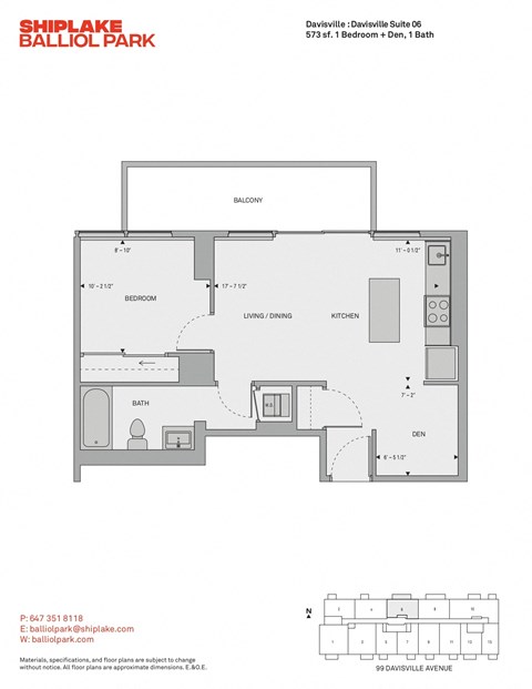 Floor plan for 1 bed, 1 bath, 573 sqft